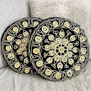 Vintage Boho Persian Mirrored Black & Gold Embroidered Decor Pillows, set of 2